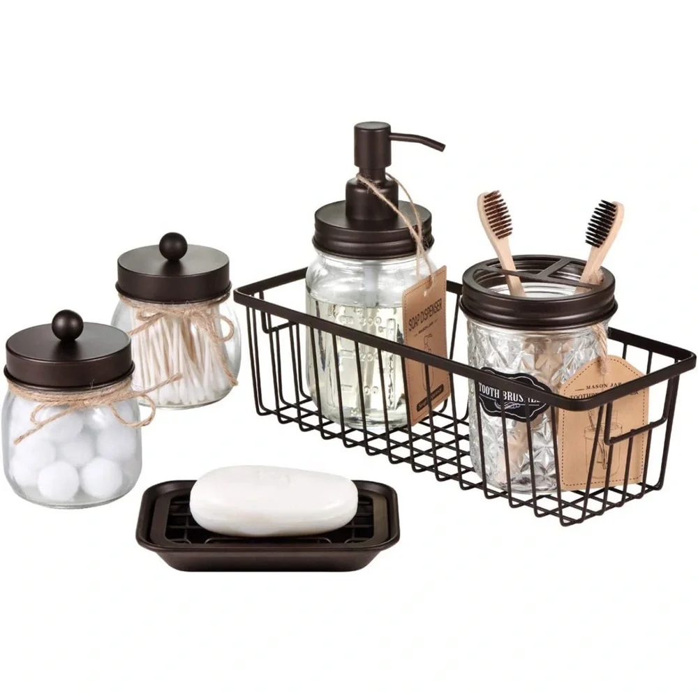 6 piece bathroom set soap dispenser toothbrush holder jars soap holder & basket
